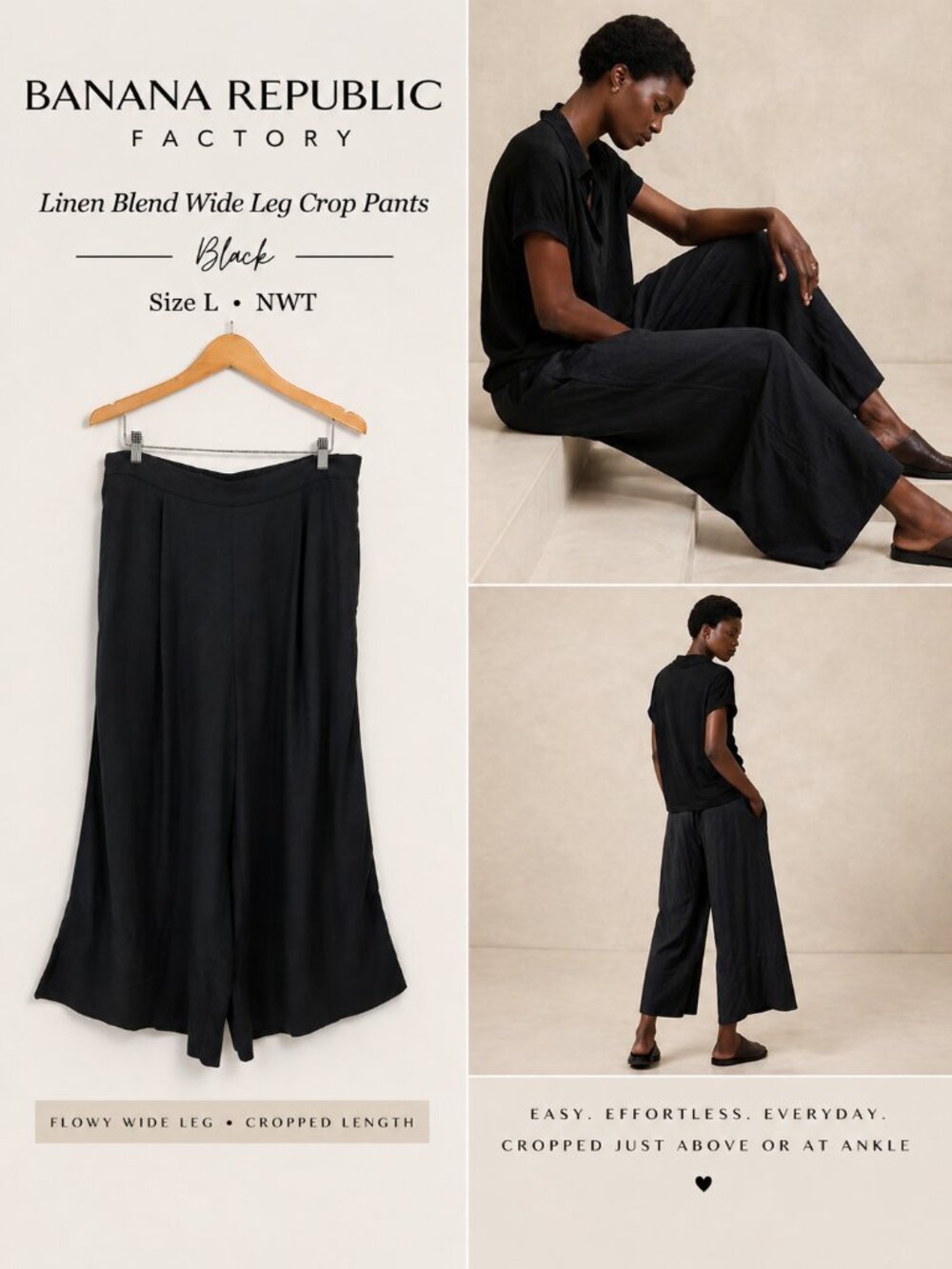 NWT Banana Republic Factory Linen Blend Wide Leg Crop Pants Black L